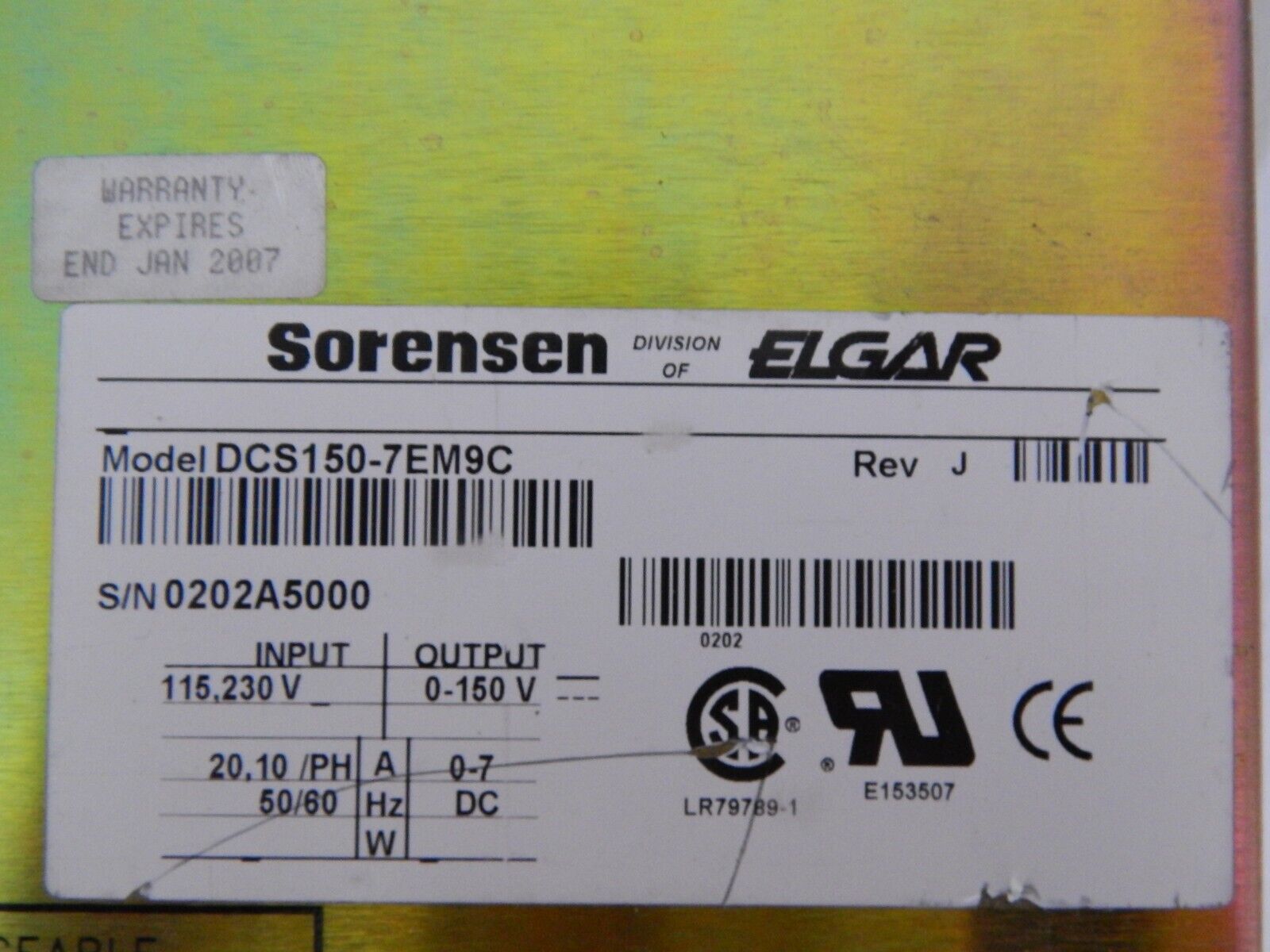 Sorensen DCS150-7E M9C (GPIB) DC Power Supply, 150 V,7 A,1050W, WRNTY Sorensen DCS150-7E M9C (GPIB) DC Power Supply, 150 V,7 A,1050W, WRNTY